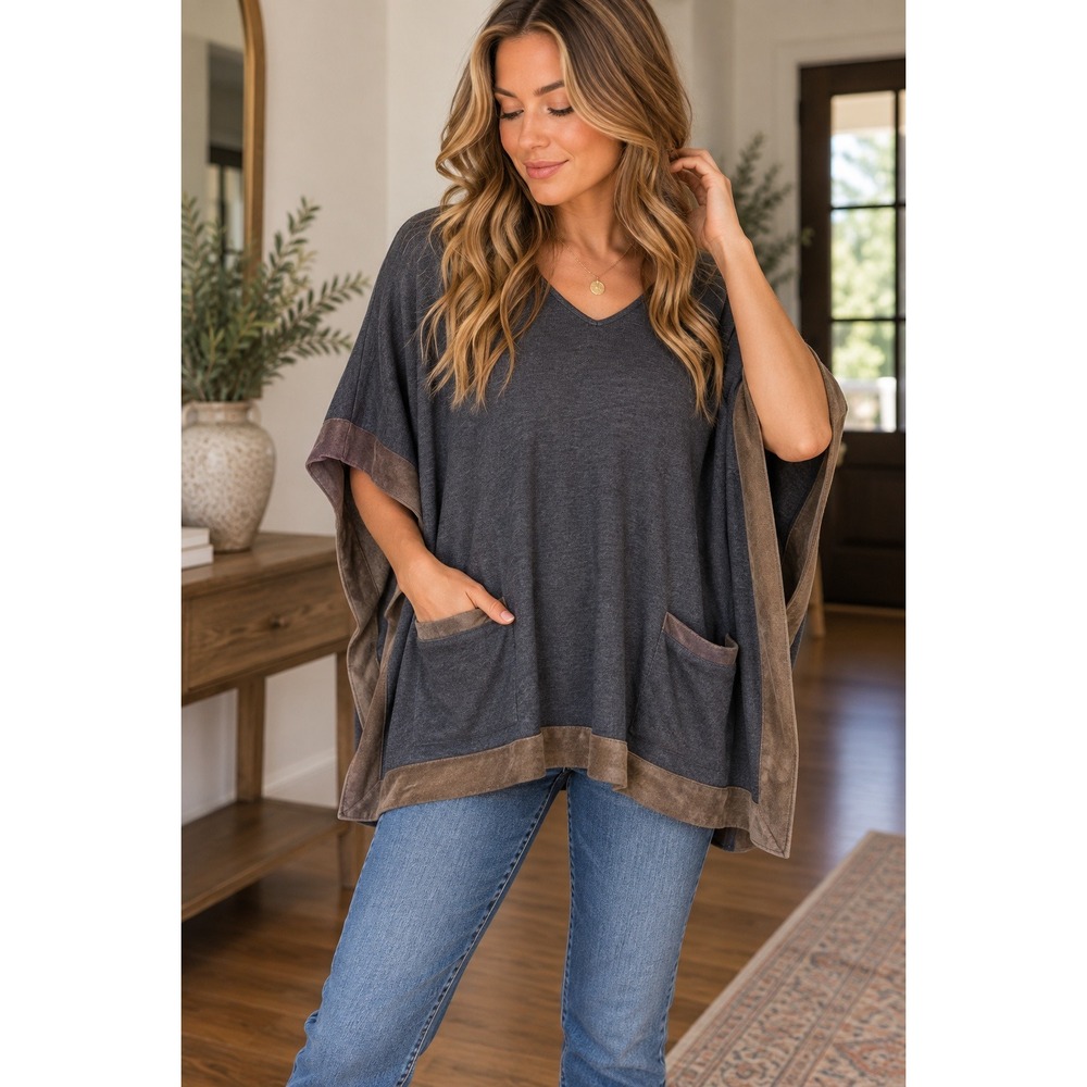 Ecru Women's Charcoal Gray Leather Trim Poncho Sweater Size M